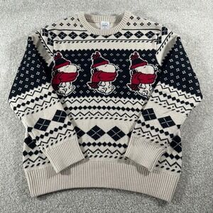 Peanuts Snoopy Christmas Sweater Mens Large Fair Isle Argyle Knit Cream Black